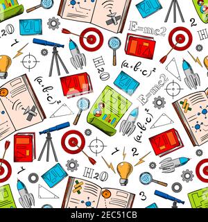 Conoscenze scientifiche con libri scolastici di astronomia e fisica, telescopi, racchette, lampadine, formule, disegni, obiettivi, lenti di ingrandimento e marinai a ingranaggi Illustrazione Vettoriale