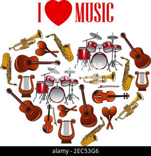 Strumenti musicali classici a forma di cuore simbolo per i Love Music Concept design con icone cartoon di trombe e sassofoni, batteria, suono GU Illustrazione Vettoriale