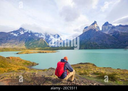 Escursione nelle montagne della Patagonia, Argentina Foto Stock