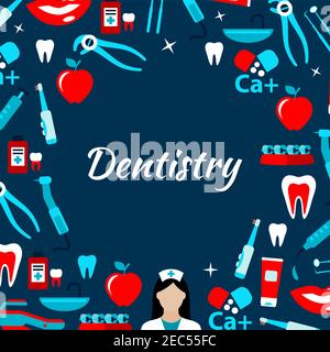 Dentista medico con icone di strumenti e attrezzature dentali, denti, spazzolini da denti, dentifrici, bretelle e vitamine messo intorno testo Odontoiatria nel cen Illustrazione Vettoriale