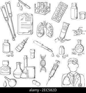 Schizzi di medico con stetoscopio, pillola, siringa, provetta, modulo di controllo medico, fiasca da laboratorio, DNA, polmoni umani e cellule, flacone di medicina, avena Illustrazione Vettoriale