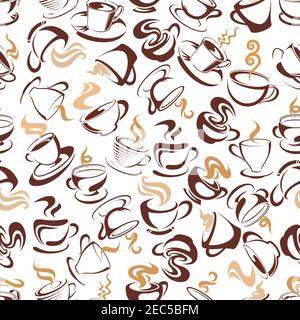 Tazze da caffè retro sfondo di marrone abbozzato senza cuciture motivo con tazze di caffè appena fatto, decorate con panna montata e linea di vorticazione Illustrazione Vettoriale