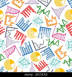 Grafici aziendali e grafici pattern senza interruzioni con sfondo di grafici a torta colorati e grafici a barre, istogrammi, linee e spider. Finanziario e busi Illustrazione Vettoriale