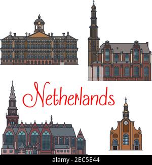 Famosi monumenti architettonici dei Paesi Bassi con icone sottili della chiesa più antica Oude Kerk, la chiesa riformata Westerkerk e il Palazzo reale in AMST Illustrazione Vettoriale