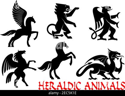 Icone di animali araldici. Profilo della silhouette di Pegasus, Unicorn, Lion, Eagle, Horse, Dragon per tatuaggio, eraldry, stemma tribale dello scudo Fantasy Gothic Crea Illustrazione Vettoriale