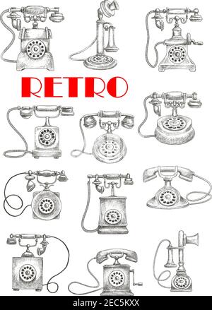 Telefoni fissi vintage stilizzati con candlestick e telefoni da tavolo rotanti. Può essere utilizzato come accessori interni retrò tema d Illustrazione Vettoriale