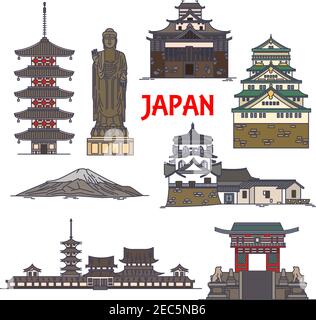 Viaggio giapponese monumenti icona lineare con il sacro Monte Fuji, Grande statua del Buddha a Ushiku, Palazzo Imperiale di Tokyo, pagoda del tempio Horyuji, Osaka CA Illustrazione Vettoriale