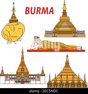 Antichi templi buddisti e luoghi di culto della Birmania sottile linea icona con Shwezigon Pagoda, statua di Buddha reclinato, Kyaiktiyo Pagoda o Golden R Illustrazione Vettoriale