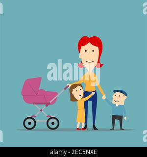 Famiglia felice a piedi. Cartone animato allegra madre sorridente di tre con bambini e neonato in una carrozza che cammina all'aperto Illustrazione Vettoriale