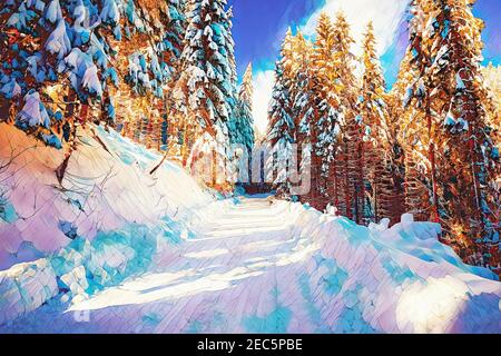 Bella montagna paesaggio innevato e coperta di neve alberi. Bella giornata di sole in montagna. Foto Stock