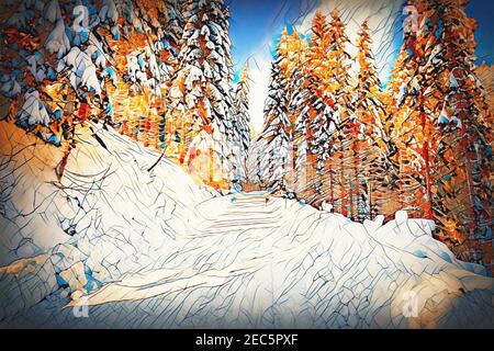 Bella montagna paesaggio innevato e coperta di neve alberi. Bella giornata di sole in montagna. Foto Stock