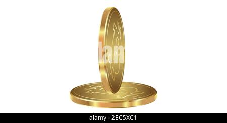 Moneta d'oro bitcoin su sfondo bianco. Illustrazione vettoriale. Illustrazione Vettoriale