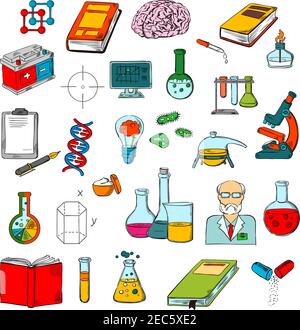 Fisica, chimica e scienza della medicina simboli di libri di schizzo, microscopio, scienziato, computer, cervello, provette da laboratorio, pillola, DNA, Illustrazione Vettoriale