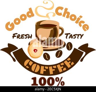 Icona caffè. Simbolo di cartello pubblicitario del caffè. Tazza per cappuccino caldo, fagioli, biscotti, biscotti. Etichetta promozionale caffetteria. Cartello vettoriale per caffetteria, c Illustrazione Vettoriale