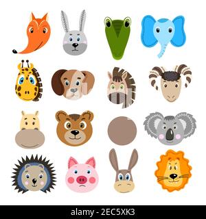 Set con coloratissima faccia animale. Lepre, coccodrillo, koala, ippopotamo, orso, giraffa, cavallo, montone, maiale, riccio, asino, leone. Oggetti isolati Illustrazione Vettoriale