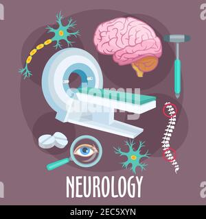 Ricerca neurologica di disturbi del sistema nervoso icona piatta della macchina MRI con cervello umano, dendrite e modelli di struttura neurone, colonna vertebrale, occhio, pillola Illustrazione Vettoriale