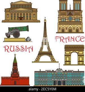 Monumenti famosi in tutto il mondo di Russia e Francia icona lineare con la Torre Eiffel, Piazza Rossa e Cremlino, Cattedrale di Notre Dame, Arco di Trionfo, Inverno Palac Illustrazione Vettoriale