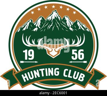 Badge retro rotondo con cime innevate paesaggio e grandi cervi ramificati antlers per la caccia o club sportivo design decorato da stelle, frecce A. Illustrazione Vettoriale