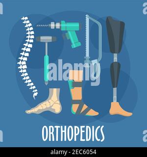 Simbolo di medicina ortopedica e protetica per l'uso nella progettazione di cliniche ortopediche con ossa di colonna vertebrale e piede, gamba protesica e piede caviglia Illustrazione Vettoriale