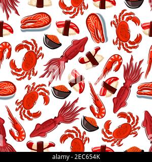 Sfondo di pesce con bistecche di salmone fresco, gamberi, granchi e calamari, sushi nigiri giapponese con vongola e tonno, caviale rosso salato senza cuciture. Illustrazione Vettoriale