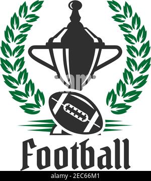 Icona del campionato di calcio con coppa di trofei vincitrice e pallone da calcio americano circondato da corona araldica di alloro. Ottimo per il tema della competizione sportiva Illustrazione Vettoriale