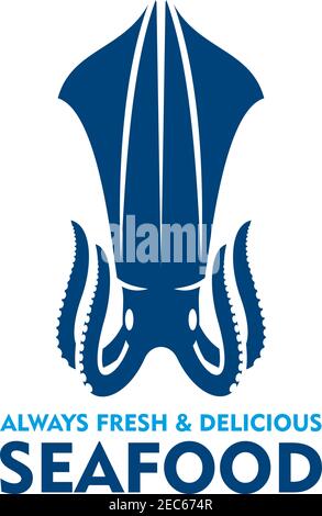 Silhouette blu calamari naturali. Modello di disegno di emblema di pesce con molluschi marini per il simbolo della fattoria di pesce o la promozione del mercato del pesce Illustrazione Vettoriale