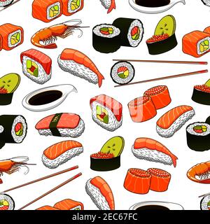 Sushi giapponese sfondo senza cuciture con motivo di panini e sushi nigiri con salmone, tonno, caviale rosso, avocado e radici di loto, serviti con chopsic Illustrazione Vettoriale