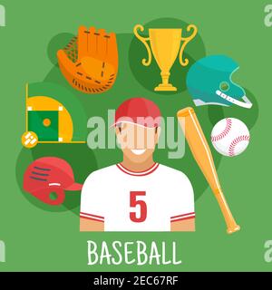 Baseball in uniforme sportiva e cappellino piatto icona per lo sport competizione design uso con simboli di palla, pipistrello, caschi protettivi e catcher gl Illustrazione Vettoriale