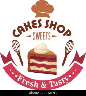 Torta negozio di design retro simbolo con fetta di torta di fragole a strati con glassa di cioccolato guarnita da rotolini di crema di burro, incorniciato da fruste su entrambi Illustrazione Vettoriale