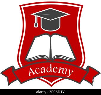 Emblema di protezione Academy con libro, tappo graduato e nastro rosso. Icona di cresta vettoriale per università, università, scuola. Grafica didattica e di studio Illustrazione Vettoriale