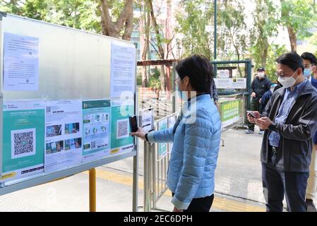 Hong Kong. 13 Feb 2021. Carrie Lam (L), amministratore delegato della Regione amministrativa speciale di Hong Kong (HKSAR), scansiona un codice QR prima di entrare nel campo sportivo Sham Shui po di Hong Kong, Cina meridionale, 13 febbraio 2021. Credit: Xinhua/Alamy Live News Foto Stock