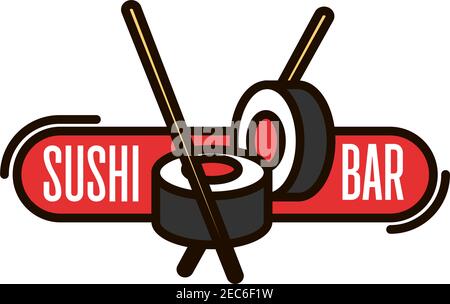 Sushi bar sottile icona di sushi al salmone panini con bastoncini e banner rosso. Ristorante giapponese di pesce con cartello o design di confezionamento di cibo da asporto Illustrazione Vettoriale