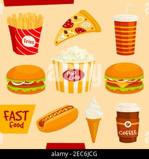 Set di icone fast food. Fastfood snack e bevande elementi vettoriali isolati. Illustrazione dei disegni cartoni animati. Burger, hamburger, patatine fritte, hot dog, Illustrazione Vettoriale