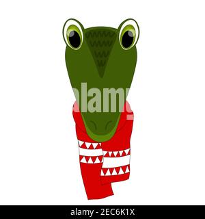 Colorful cute vettore coccodrillo viso in una sciarpa invernale. Un oggetto su sfondo bianco. Illustrazione piatta dei cartoni animati. Emoji divertente animale. Imbarazzato Illustrazione Vettoriale