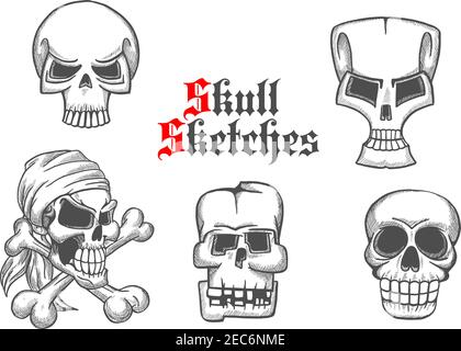 Skulls scheletro icone di schizzo a matita. Forme astratte di cranio e crossbone per halloween cartoon, etichetta, tatuaggio, t-shirt, cartello, decorazione, pos Illustrazione Vettoriale