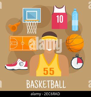 Simbolo del gioco di basket per il design a tema degli sport di palla con guard player in camicia gialla e archetto, palla, campo e backboard con cesto, maglia rossa, Illustrazione Vettoriale