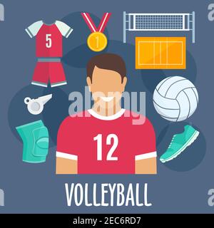 Attrezzature e attrezzature sportive da pallavolo. Giocatore uomo di pallavolo con icone vettoriali di medaglia d'oro premio, palla, scarpa da sneaker, fischio, protezione del ginocchio, t-shi Illustrazione Vettoriale