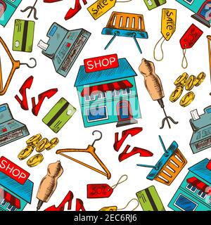 Shopping sfondo modello senza giunture. Carta da parati con negozio di abbigliamento donna, vendita, scarpe, prezzi tag, shpooing basket, carta di credito, denaro, appendiabiti Illustrazione Vettoriale