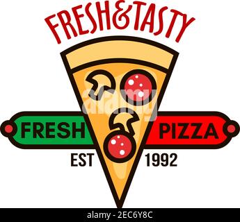 Stemma retrò della pizza italiana originale con salsicce, funghi e formaggi adornati da striscione rosso e verde con didascalia pizza fresca. Ottimo per p Illustrazione Vettoriale