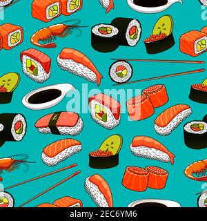 Frutti di mare sfondo senza cuciture con icone vettoriali di sushi, panini, maki, gamberi, bastoncini, wasabi. Cucina giapponese asiatica e cucina orientale, r Illustrazione Vettoriale