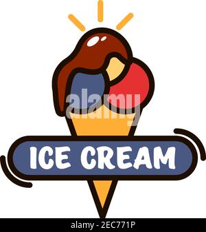 Il dessert del gelato è un'icona lineare con colorati scoop di gelato nel cono di waffle allo zucchero con salsa al cioccolato. Menu da caffetteria o gelato da asporto Illustrazione Vettoriale