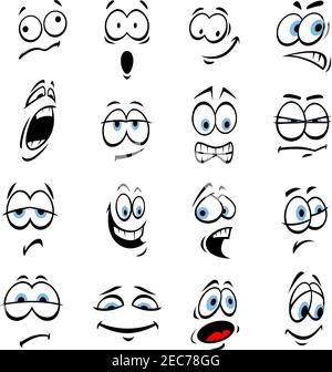 Occhi cartone animato con espressioni ed emozioni del volto. Icone simpatico sorrisi per emoticon. Elementi emoji vettoriali sorridenti, felici, tristi, arrabbiati, pazzi, stupidi, shock Illustrazione Vettoriale