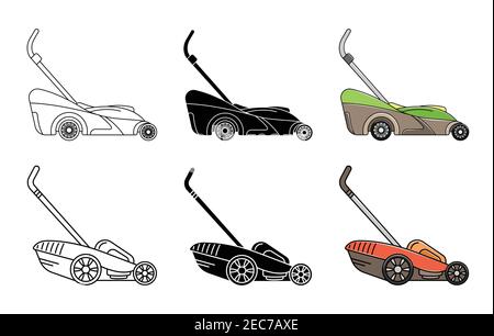 Serie di icone del rasaerba. Icona del giardino. Logo. Lineart, semplice Illustrazione Vettoriale