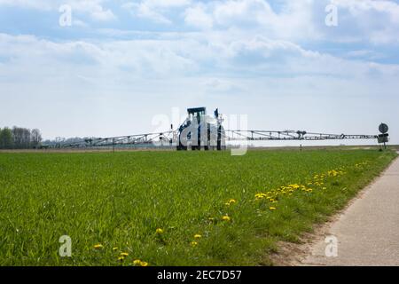 Agricoltore che lavora il terreno nella regione di frutta belga di "Haspengouw" durante la primavera Foto Stock