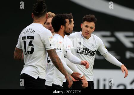 CELEBRATION Derby Players celebra il gol di apertura segnato da Lee Gregory n° 19 della Derby County a Derby, Regno Unito, il 13/2021. (Foto di Conor Molloy/News Images/Sipa USA) Foto Stock