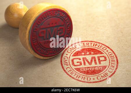 Timbro certificato GMP Good Manufacturing Practice su carta artigianale. illustrazione 3d Foto Stock