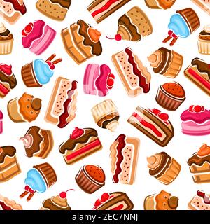 Dessert e dolci sfondo senza cuciture. Carta da parati con icone vettoriali di pasticceria pasticceria cupcake al cioccolato, torte biscotto, muffin, frappé c Illustrazione Vettoriale