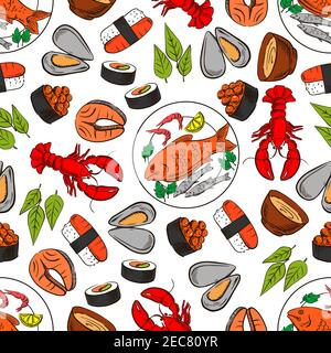 Pesce e piatto di pesce sfondo senza cuciture. Carta da parati con icone vettoriali di aragosta, gamberi, granchio, salmone, caviale, bistecca, cozze, sushi, salsa, Illustrazione Vettoriale