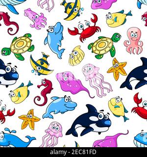 Cartoon cute sorridente mare e pesci oceano senza cuciture sfondo. Divertente carta da parati per bambini con colorati personaggi di balene, delfini, pesce pagliaccio, stelle marine, j Illustrazione Vettoriale