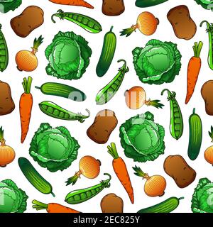Verdure fresche primaverili con cartoni animati sfondo senza cuciture di carote, cavolo, cipolla, cetriolo, patate e piselli verdi. Agricoltura e agricoltura biologica fa Illustrazione Vettoriale